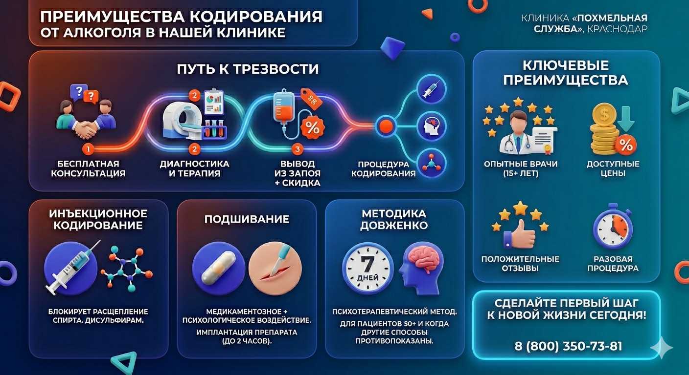 Инфографика о методах кодирования от алкоголя в Советске: инъекции, подшивание, метод Довженко. Преимущества клиники и этапы лечения.