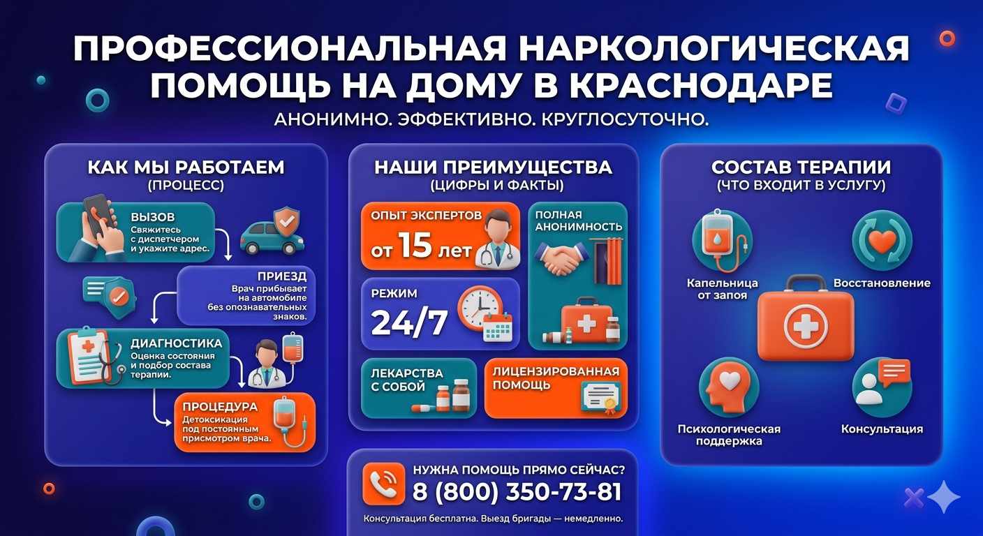 Инфографика о принципах лечения алкоголизма на дому в Советске: этапы вызова нарколога, преимущества анонимной детоксикации и состав медицинской помощи.